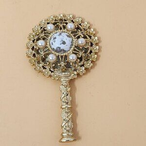 Vintage Ornate Handheld Mini Mirror With Decorative Handle & Pearl Accents